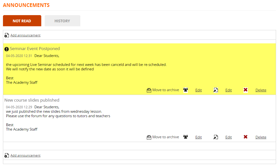 coursefe announcements manage
